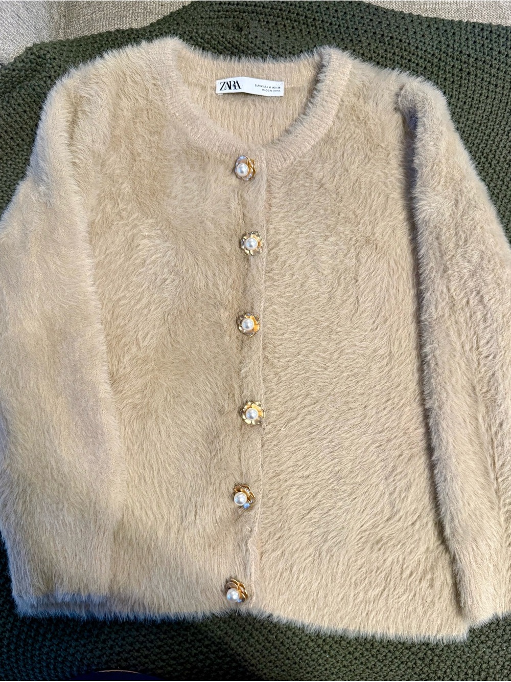 Zara Soft Faux Fur Knit tan  Cardigan, Beautiful flower buttons M